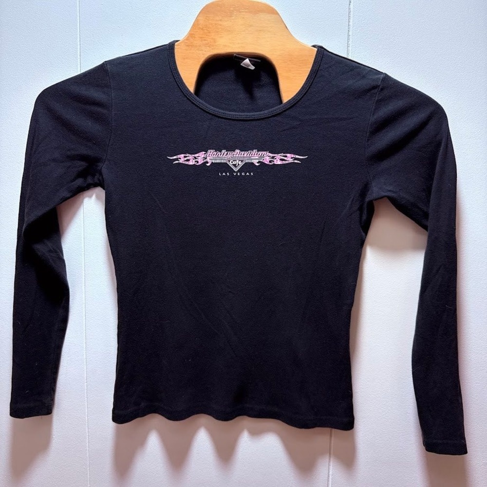 Harley Davidson Cafe Las Vegas Long Sleeve Shirt Black Pink Leopard Flame XL